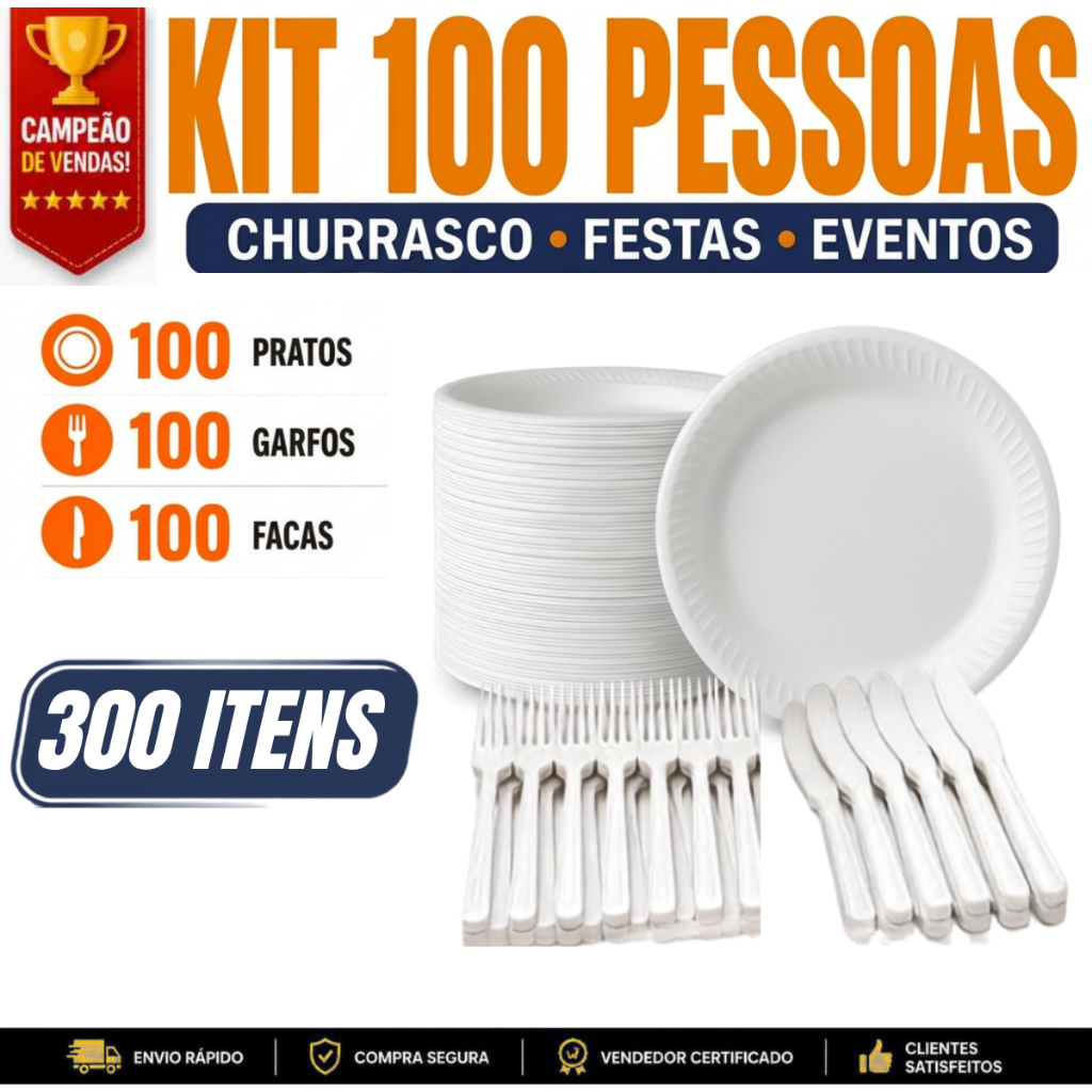 Kit Churrasco/Festa Descartável 100x Prato de Isopor + 100x Garfo + 100x Faca Transparente Forte