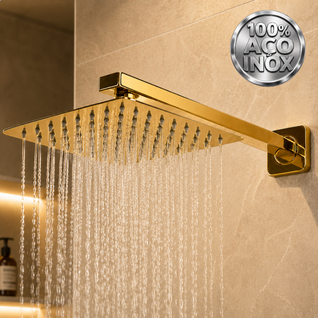 Ducha Chuveiro Aço Inox 20x20cm Slim Quadrada Com Braço Suporte Solar Ou Gás Gold