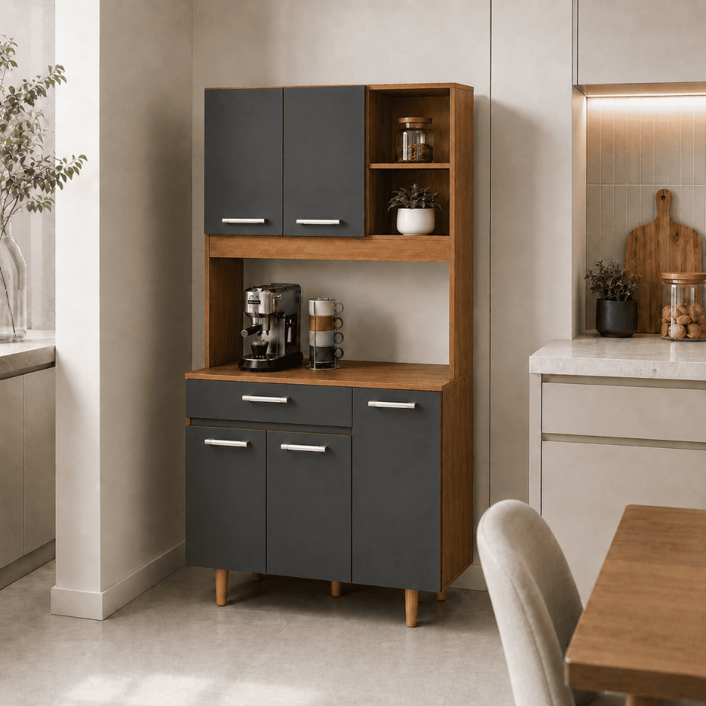Armário de Cozinha 5 Portas com Prateleiras Internas e Pés em Madeira Estilo Retrô Decoração Cozinha