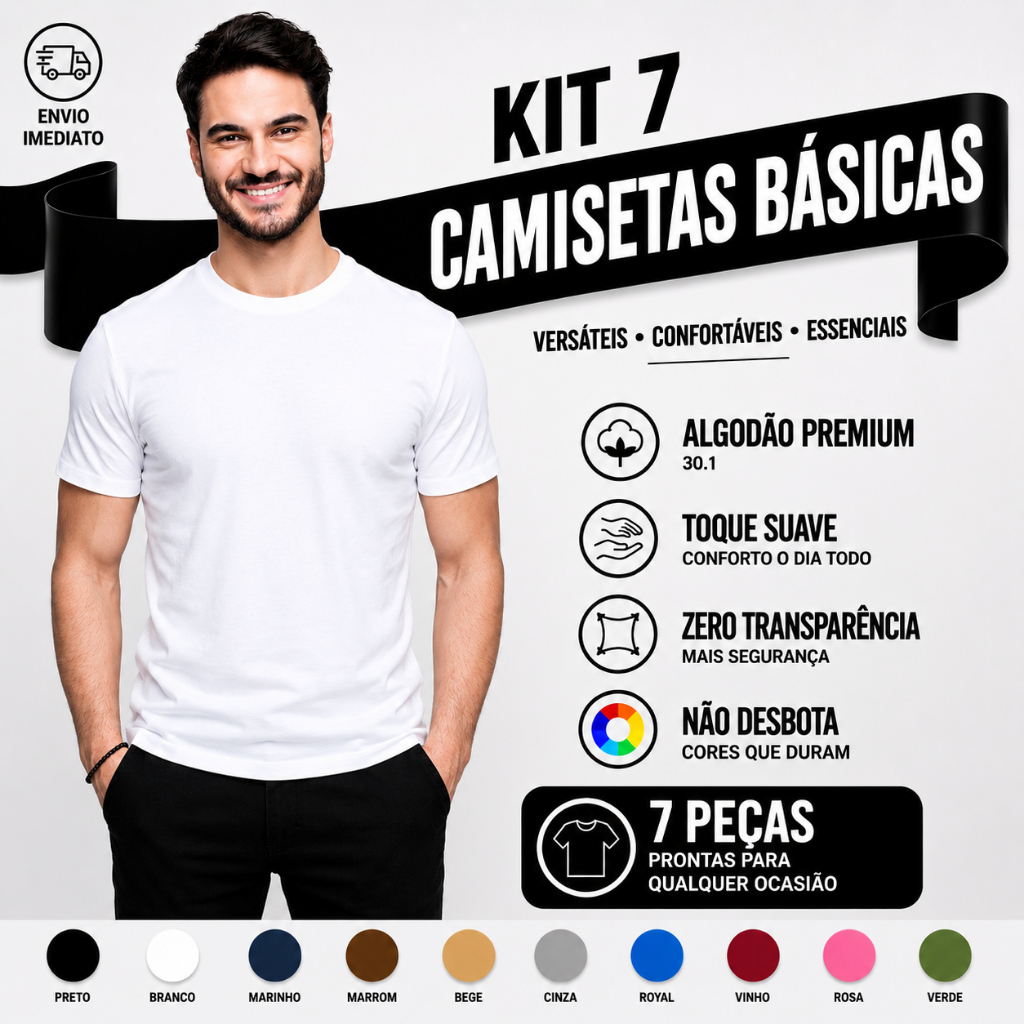 Camiseta Masculina Algodão Kit 7 Camisetas Brancas Masculinas Slim Básicas Gola Redonda Tribo