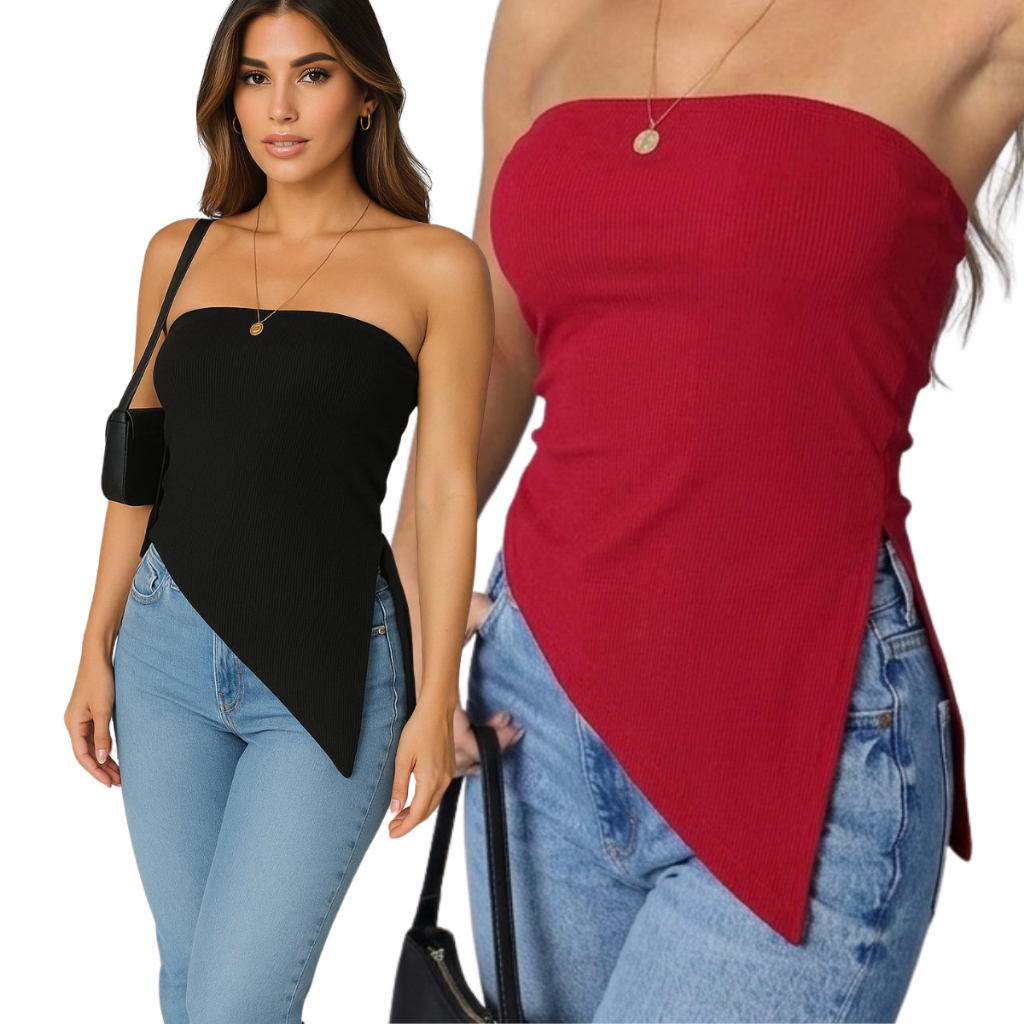 Blusa Feminina Tomara que Caia Assimétrica Canelada Moda Moderna Tendência 2026