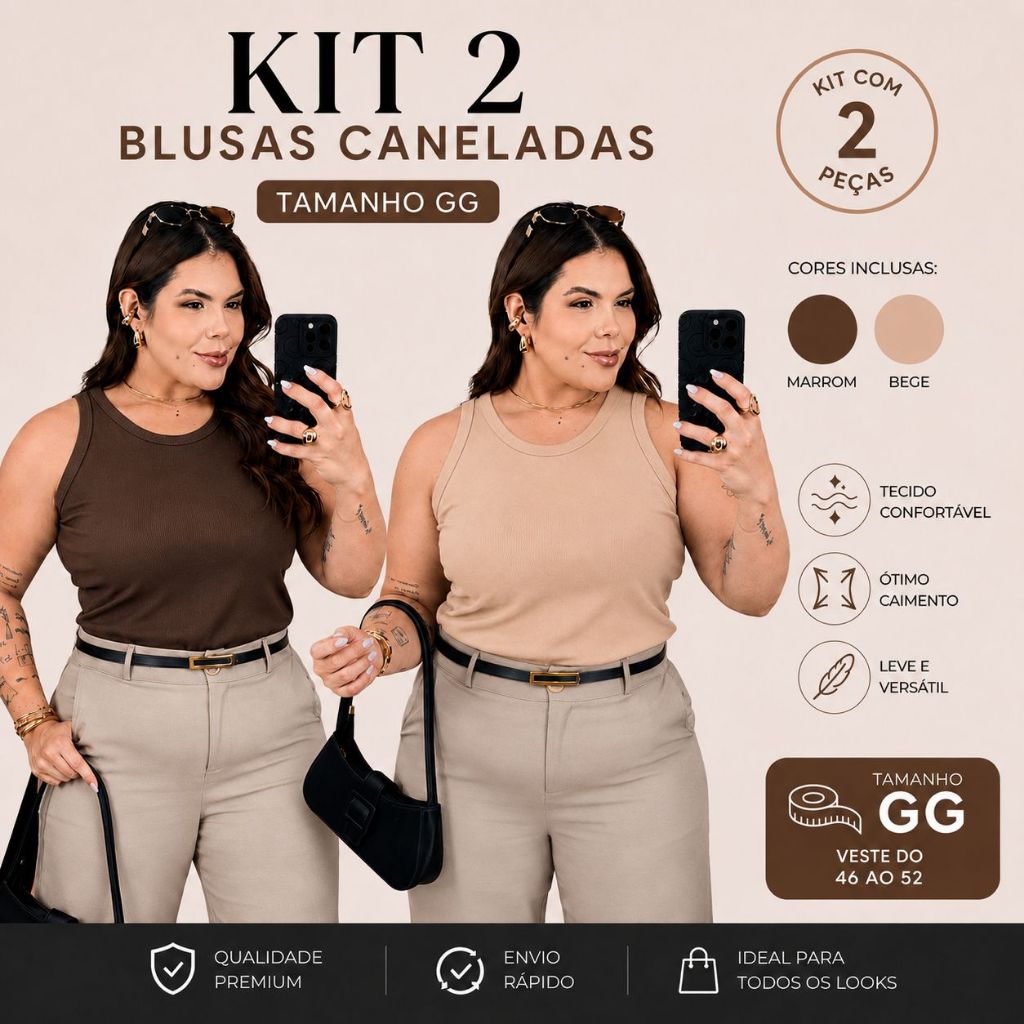 Kit 2 Blusas Femininas Plus Size GG Ribana Canelada Regata Cavada 46 ao 52 Confortável Básica Casual Moda Versátil