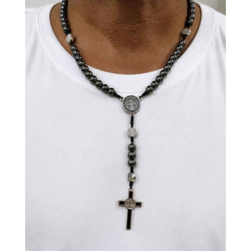 Terço de Pescoço São Bento Hematita 8mm Preto Masculino Rosário Católico Proteção