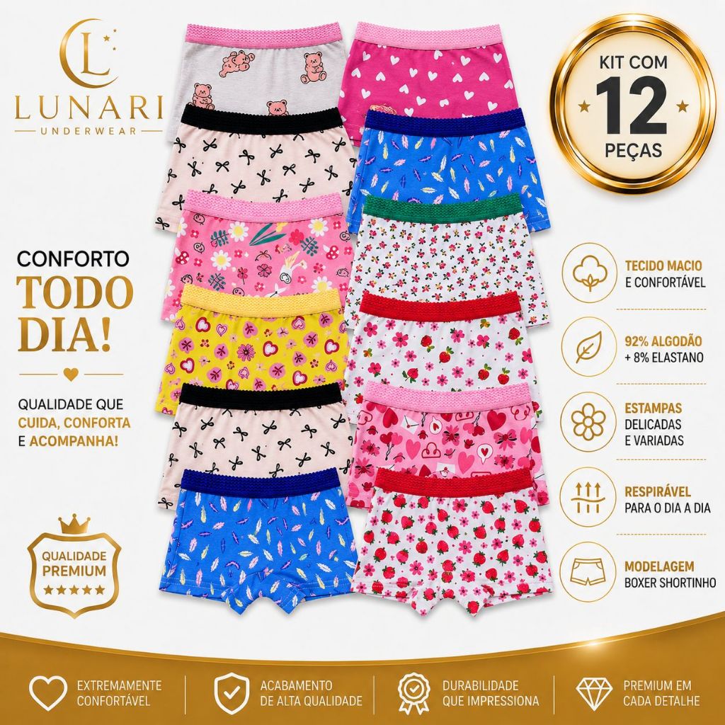 Kit 12 Calcinha Box Boxer Shortinho Infantil Menina Algodão Estampas Sortidas