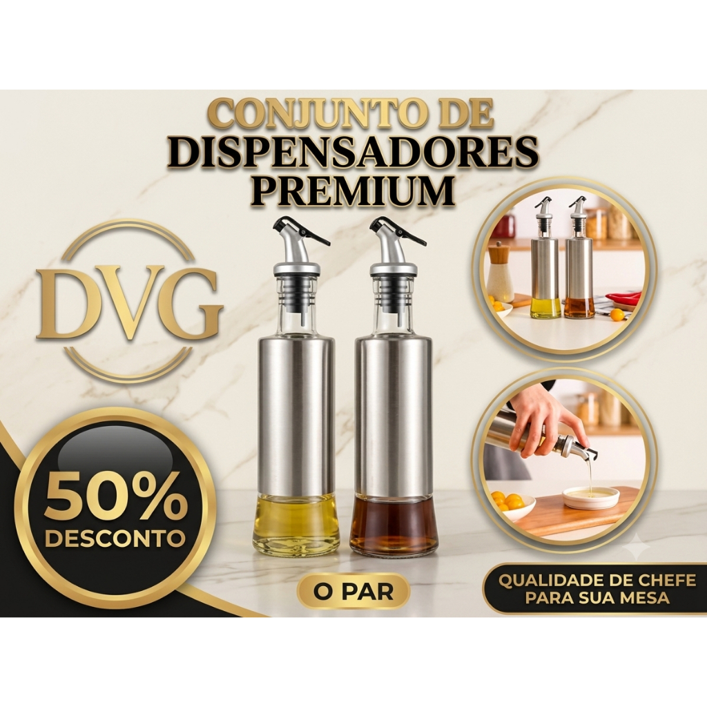 Kit 4 Galheteiro Garrafa de Vidro 300ml com Bico Dosador Azeite Vinagre Óleo Shoyu Aço Inox