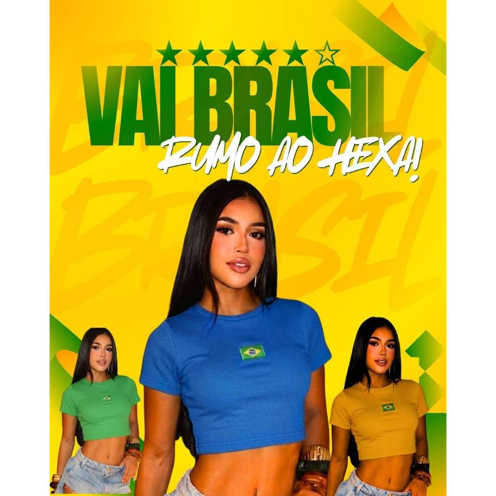 Blusinha Feminina Bordado Top Brasil Cropped Ribana Canelada Manga Curta Sem Bojo