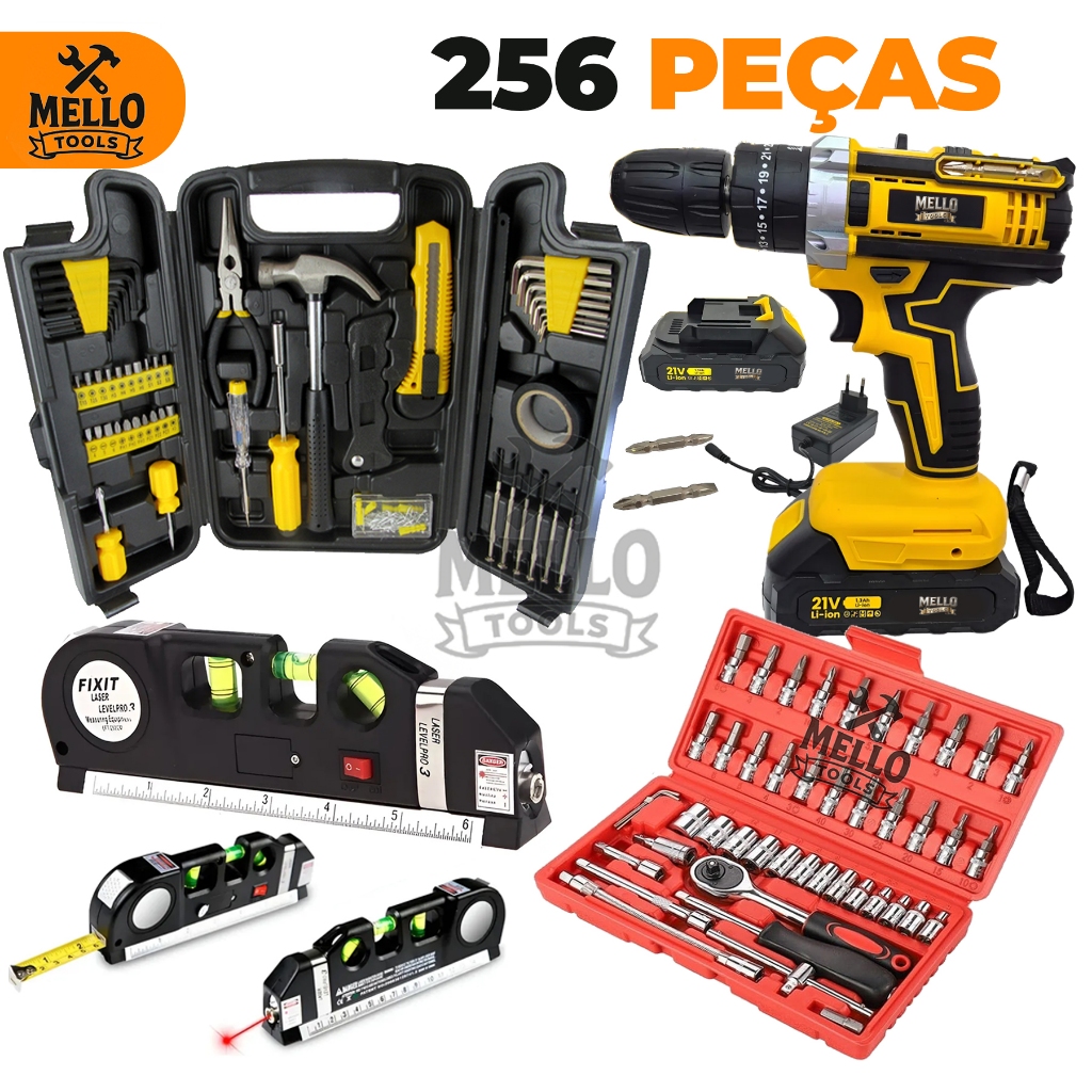 Kit Ferramentas 256 Peças com Parafusadeira Furadeira 21V Sem Fio + Jogo Soquetes 46 + Nível Laser e Trena Profissional