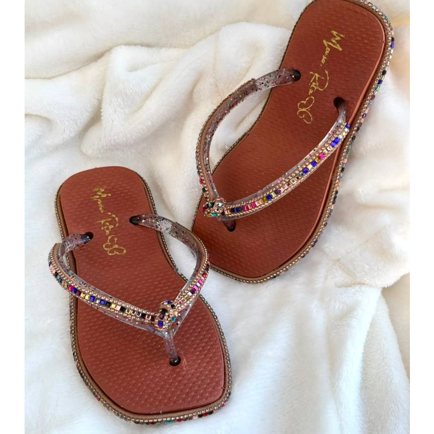 Chinelo Infantil Feminino Com Strass Na Sola e na Correia Colorido