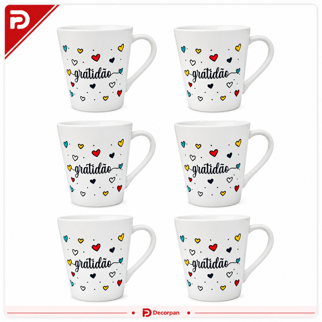 Kit 25 Canecas de Porcelana 250ML- Gratidão - Xícara Grande - Inspirador - Café - Leite
