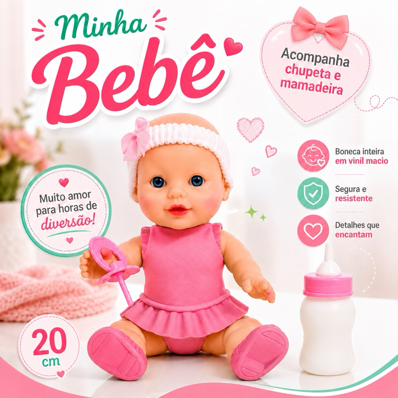 Boneca Bebê Inteira em Vinil Rosa Macio 20cm com Chupeta e Mamadeira Infantil Brinquedo Educativo Presente para Meninas