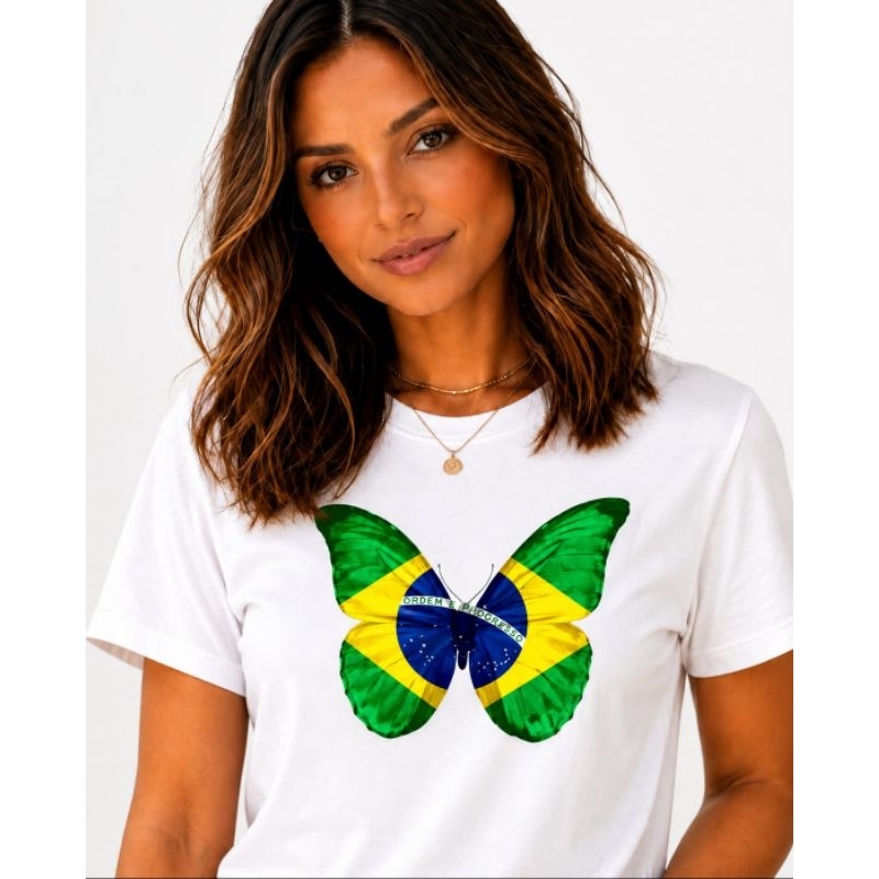 Camiseta Brasil Feminina Borboleta Bandeira Copa do Mundo Algodão Casual Seleção Brasileira