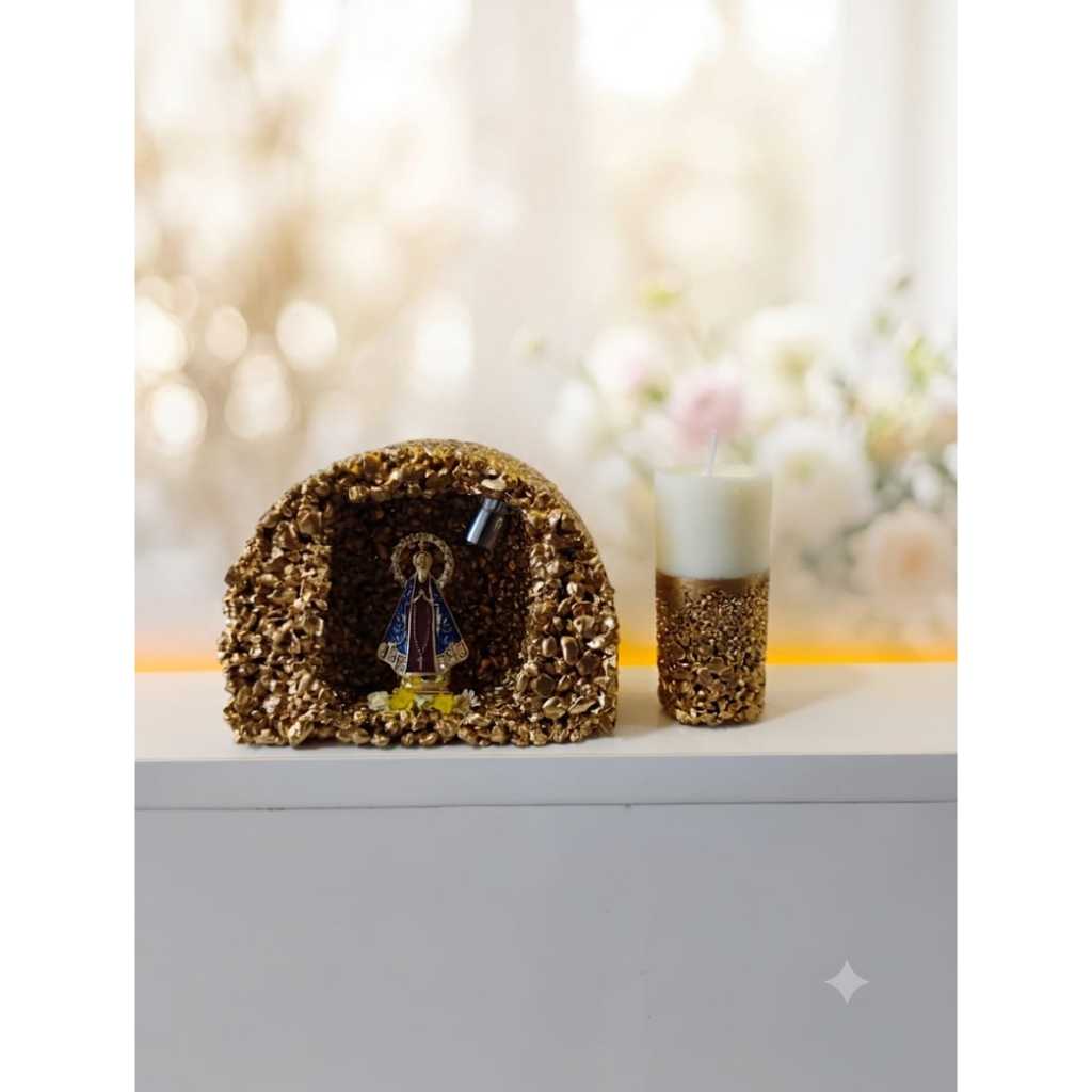 Gruta Nossa Senhora Aparecida + 1 vela pequena. Presente católico, decoração, artigo religioso,dourado