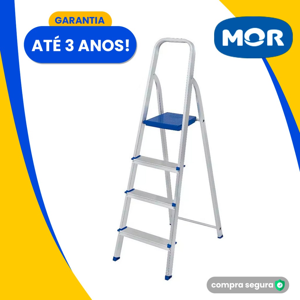 Escada Alumínio 4 ou 3 Degraus MOR Dobrável Doméstica Estilo Tesoura 120kg Refo