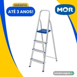 Escada Alumínio 4 ou 3 Degraus MOR Dobrável Doméstica Estilo Tesoura 120kg Reforçada Aço Degrau