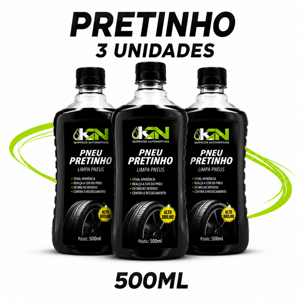 KIT 3 Pretinho Limpa Pneu Automotivo KN 500ml Brilho Intenso Roda de Carro Moto Caminhão