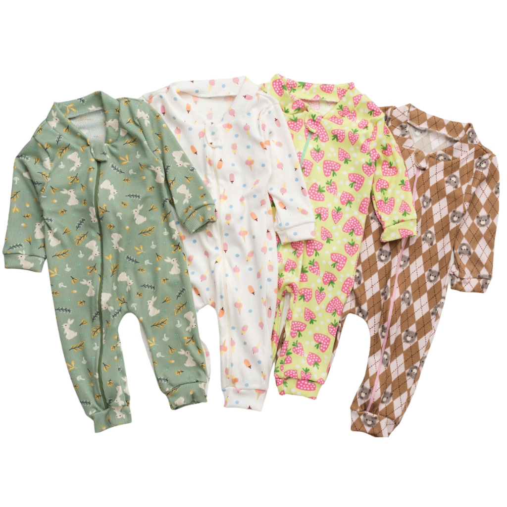 Kit 4 Macacão Canelado Estampado para Bebê com Zíper Menino e Menina – RN/P/M/G