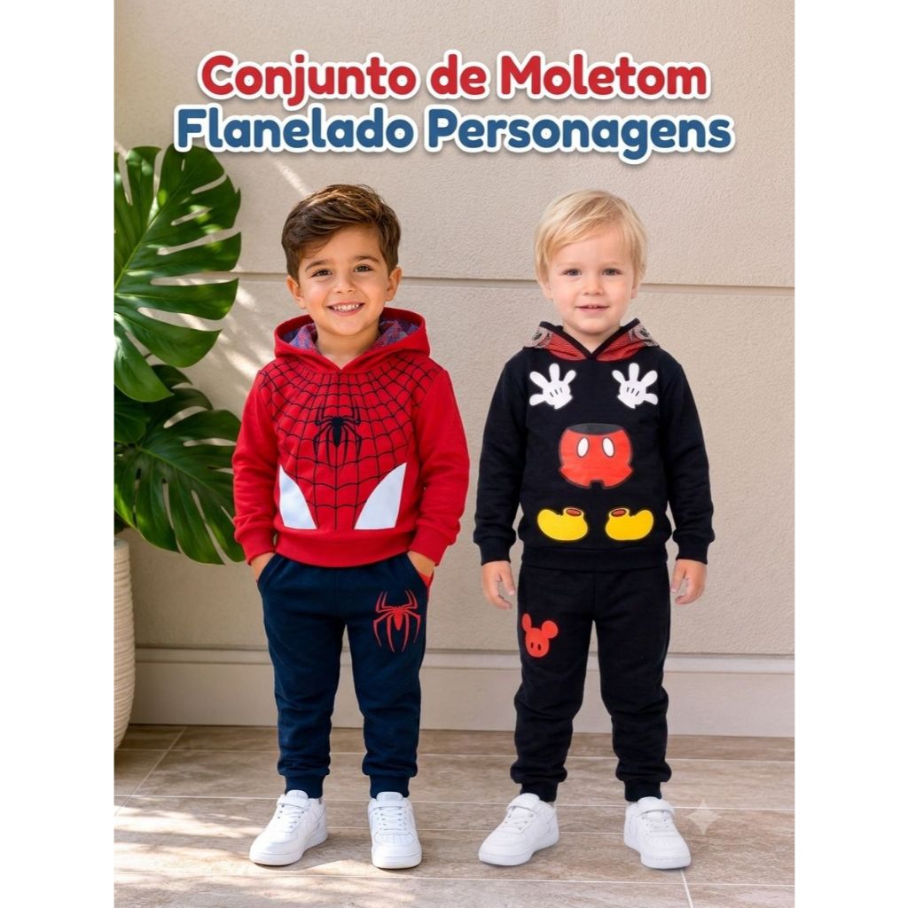 Conjunto Infantil Menino Inverno Moletom Flanelado Homem-Aranha, Mickey Hulk Personagens Menino Luxo