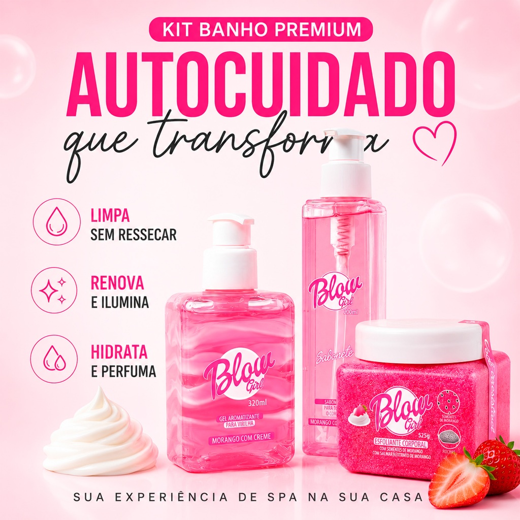 Kit Skincare Corporal Banho Morango Blow Girl Sabonete Esfoliante Hidratante Pele De Seda