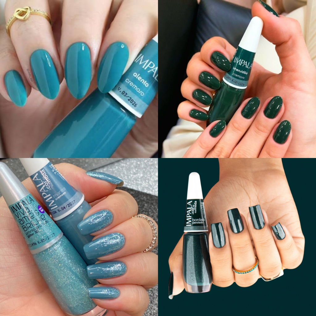 Kit Esmaltes Impala Tons de Verde com Glitter 3D Cremoso e Perolado Esverdeado — imagem 2 de 2