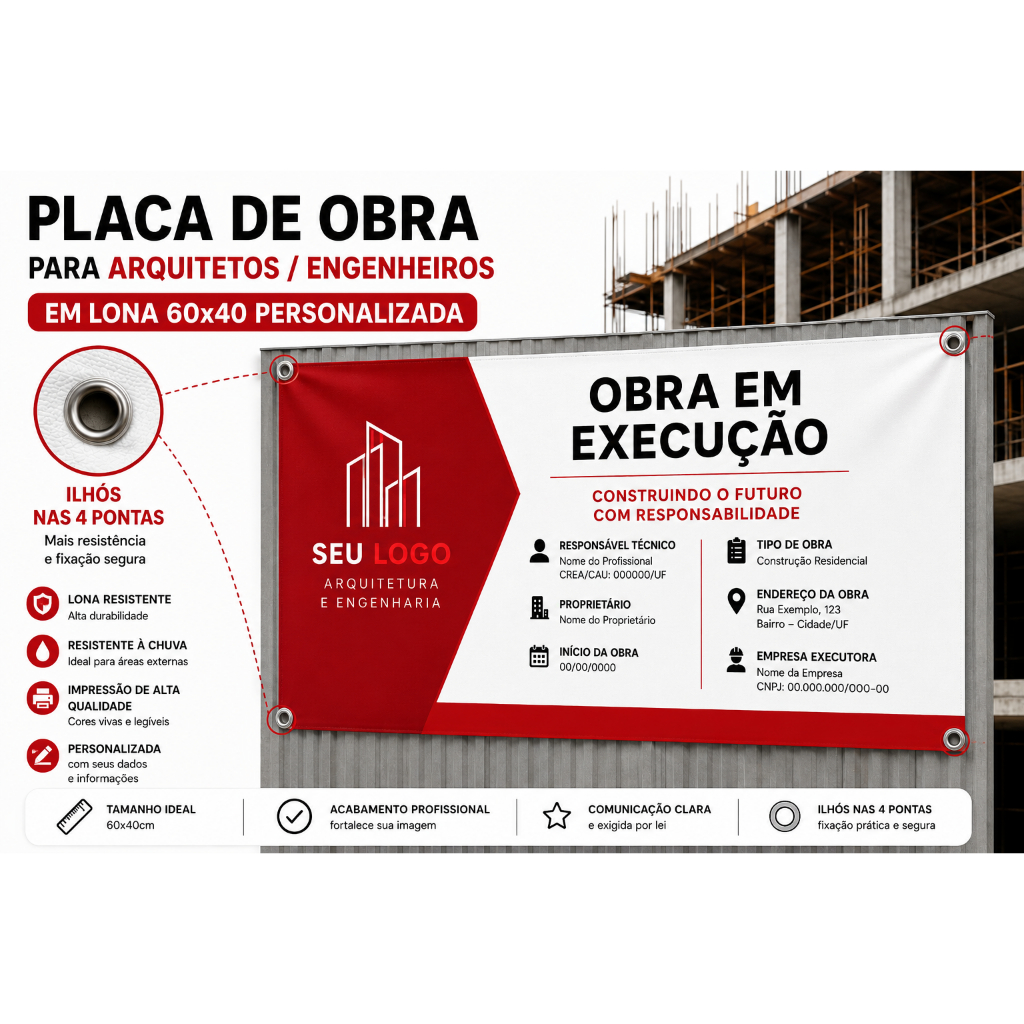 Placa de Obra em Lona 60x40 Personalizada | Engenheiro Arquiteto CREA CAU | Com Ilhós.