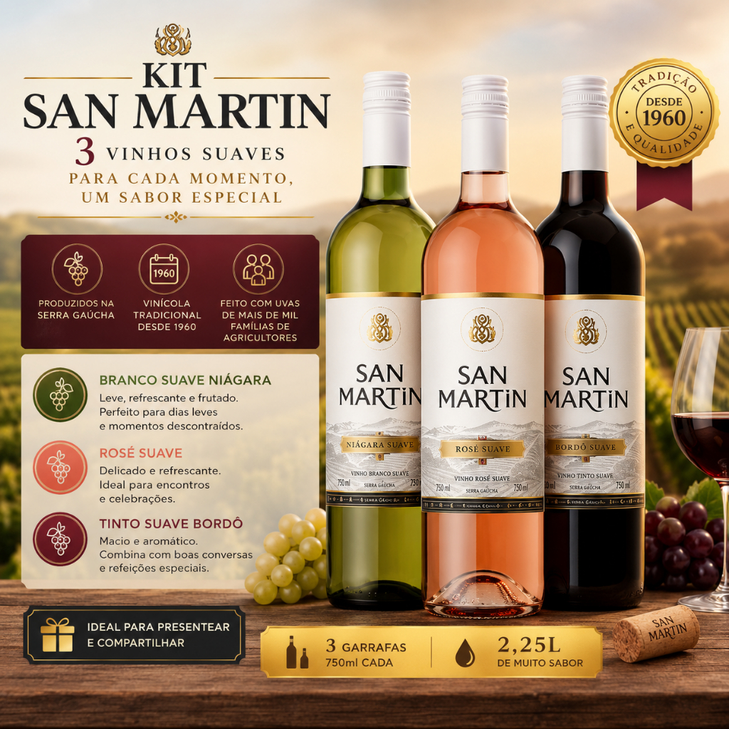 Kit Vinhos San Martin Branco Rosé Tinto Suave 3x750ml
