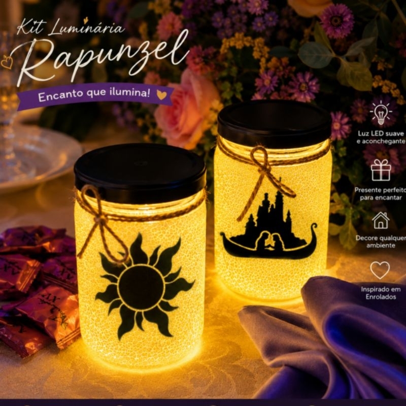 Kit Luminária Rapunzel Enrolados LED Lamparina Luz Princesa Presente Decoração