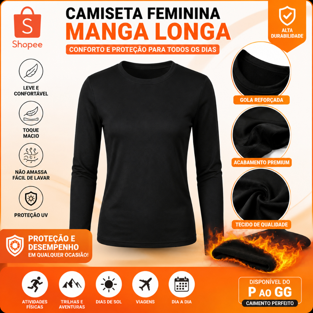 Camiseta Térmica Segunda Pele Forro Peluciado Feminina Gola Redonda Frio Inverno Blusa Camisa Básica