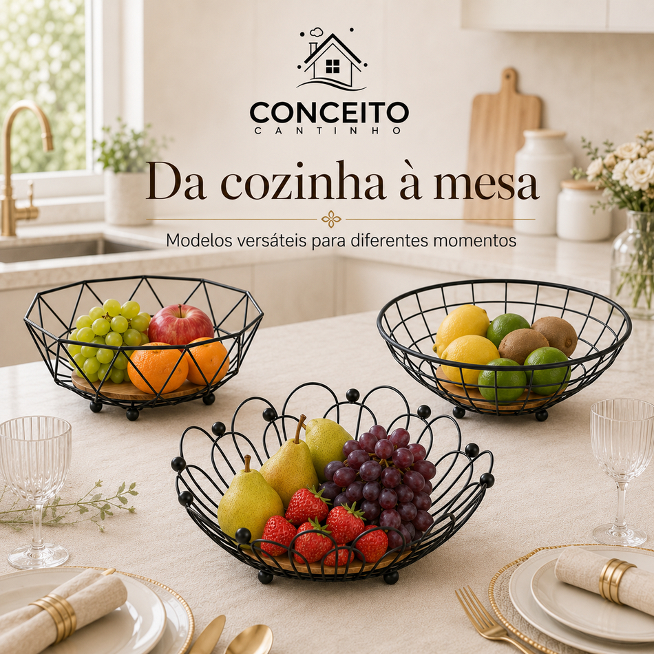 Fruteira de Mesa 2 Andares Premium Ferro e Madeira Organizador Cesto de Frutas Decorativa de Bancada