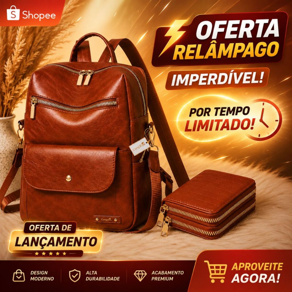 Kit Mochila Feminina Couro Sintético Carteira Porta Cartões Elegante Casual Trabalho Passeio DiaDia — imagem 2 de 2