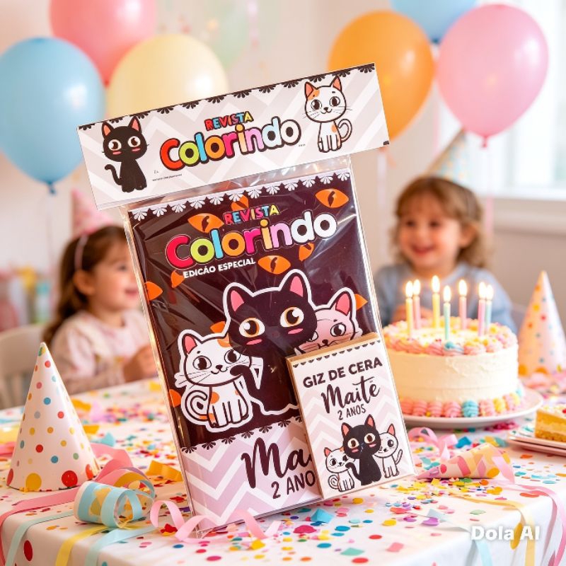 Kit Colorir Festa Gatinhos 10x15cm| Revista + Giz | Lembrancinhas Aniversário Personalizadas