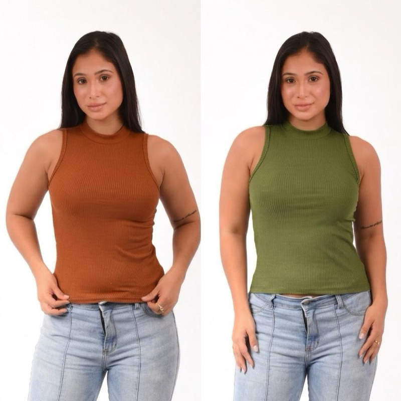 Kit 2 Blusa Feminina Canelada Gola Alta Sem Manga Básica Elegante Modelagem Ajustada Confortável Moda