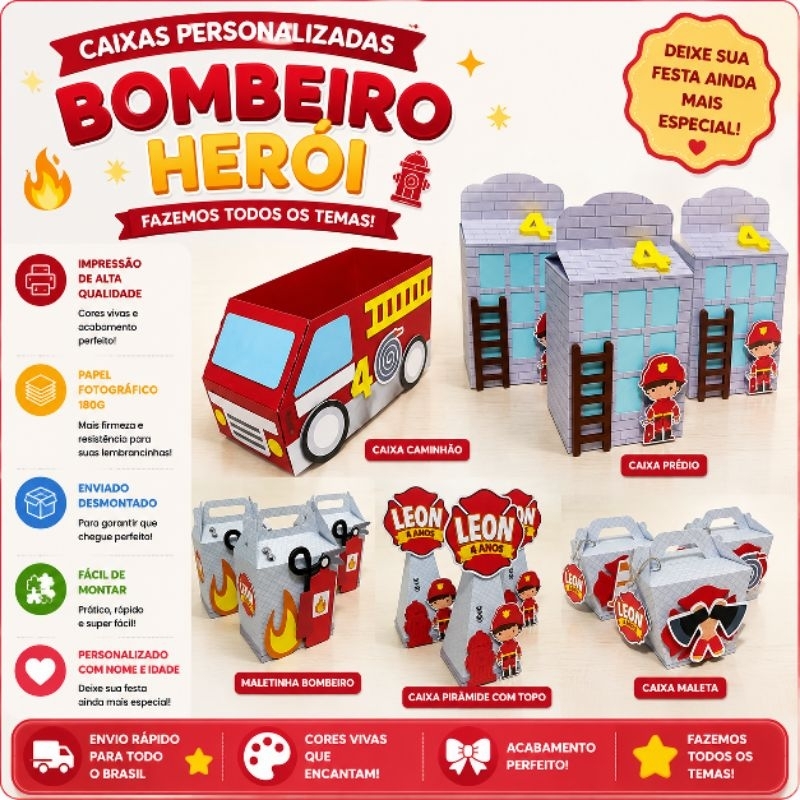 Kit Festa Personalizado | Bombeiros| Pegue e Monte | Caixinhas Personalizadas | Todos os Temas | Aniversário