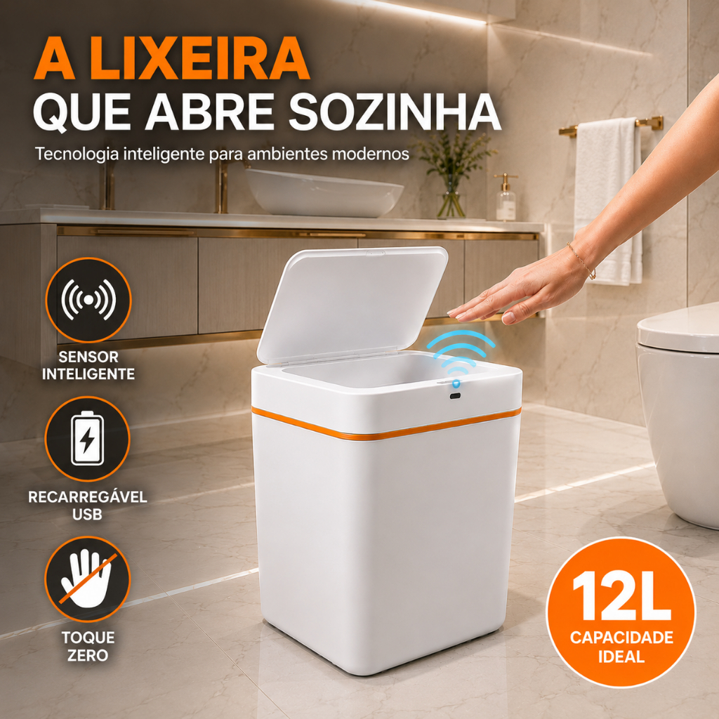 Lixeira Inteligente Automática 12L Sensor Movimento Recarregável USB Touch Free Banheiro Escritório