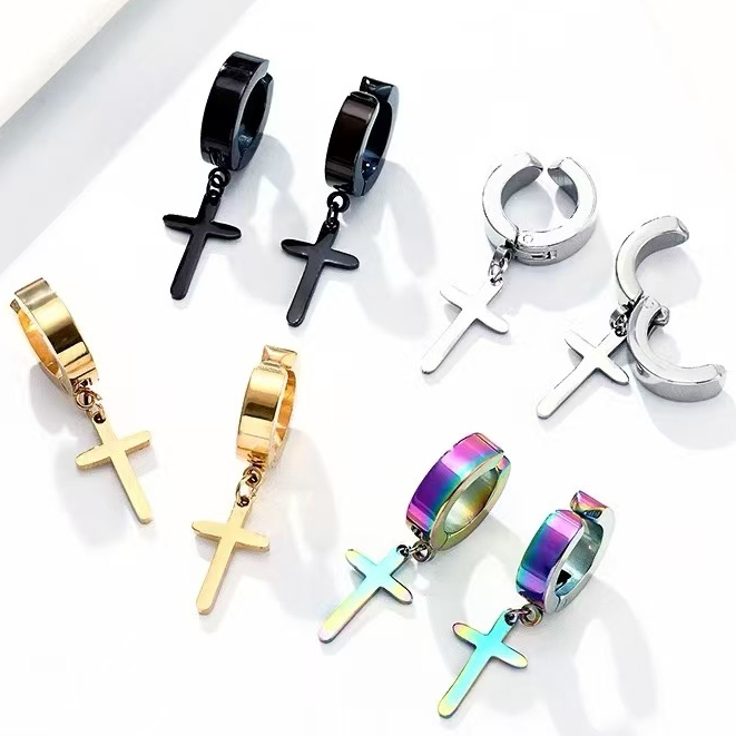 Par de Brinco argola de Pressão cruz crucifixo Não Precisa Furo para masculino feminino Aço inox