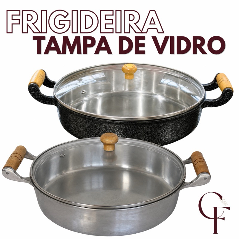 Frigideira Grande De Alumínio Fundido Grosso N 30 Com Tampa de vidro Polida/Preto Craqueado