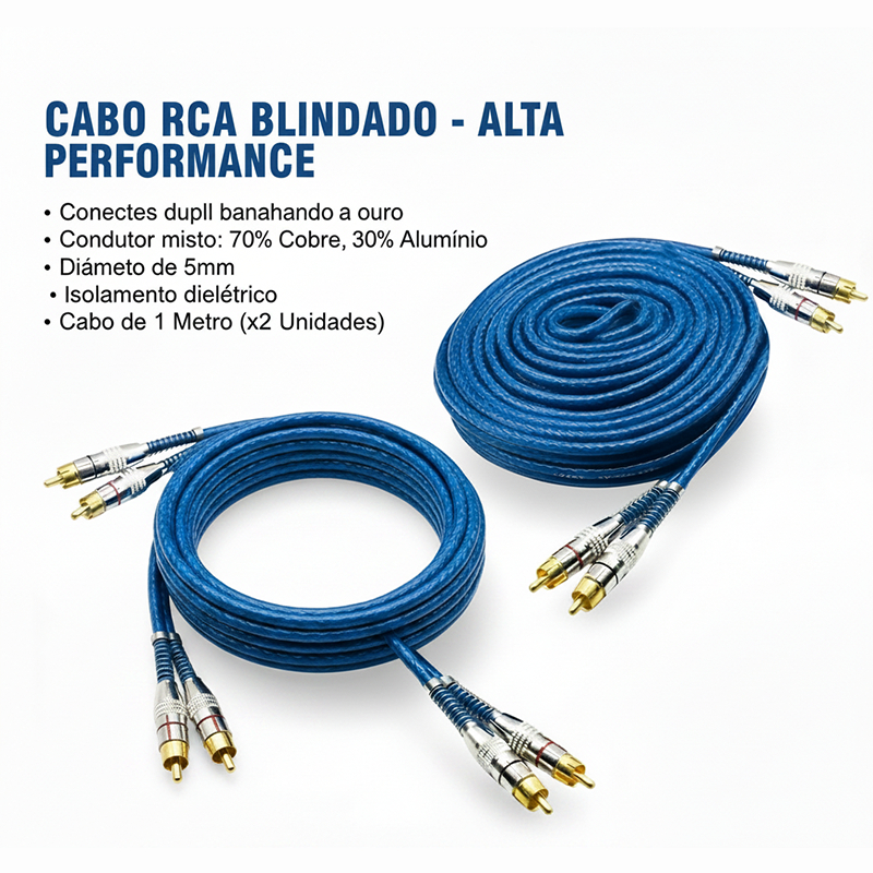 Kit 2 Cabos RCA Blindado 1m Plug Ouro Tech One - Som Automotivo Para Carro, Amplificador, Subwoofer