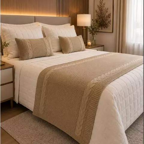 Kit Peseira Tricot Manta Trança Lateral Cama Casal Queen King + 2 Capa Almofada 30x50 Tricot Premium