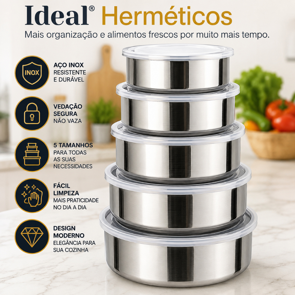 Ideal Conjunto 5 Potes Herméticos Inox com Tampa Vedação Redondos para Alimentos Marmita Geladeira Organização Cozinha