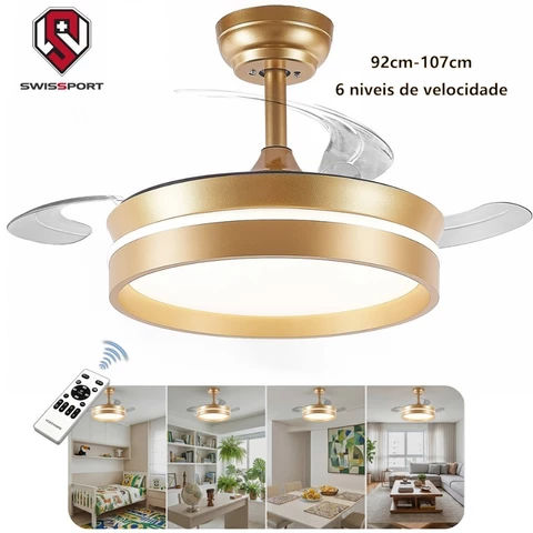 Swissport  107cm Ventilador de Teto Retrátil LED 6 marchas  Controle Remoto Potente  Bivolt Área 127V/220V