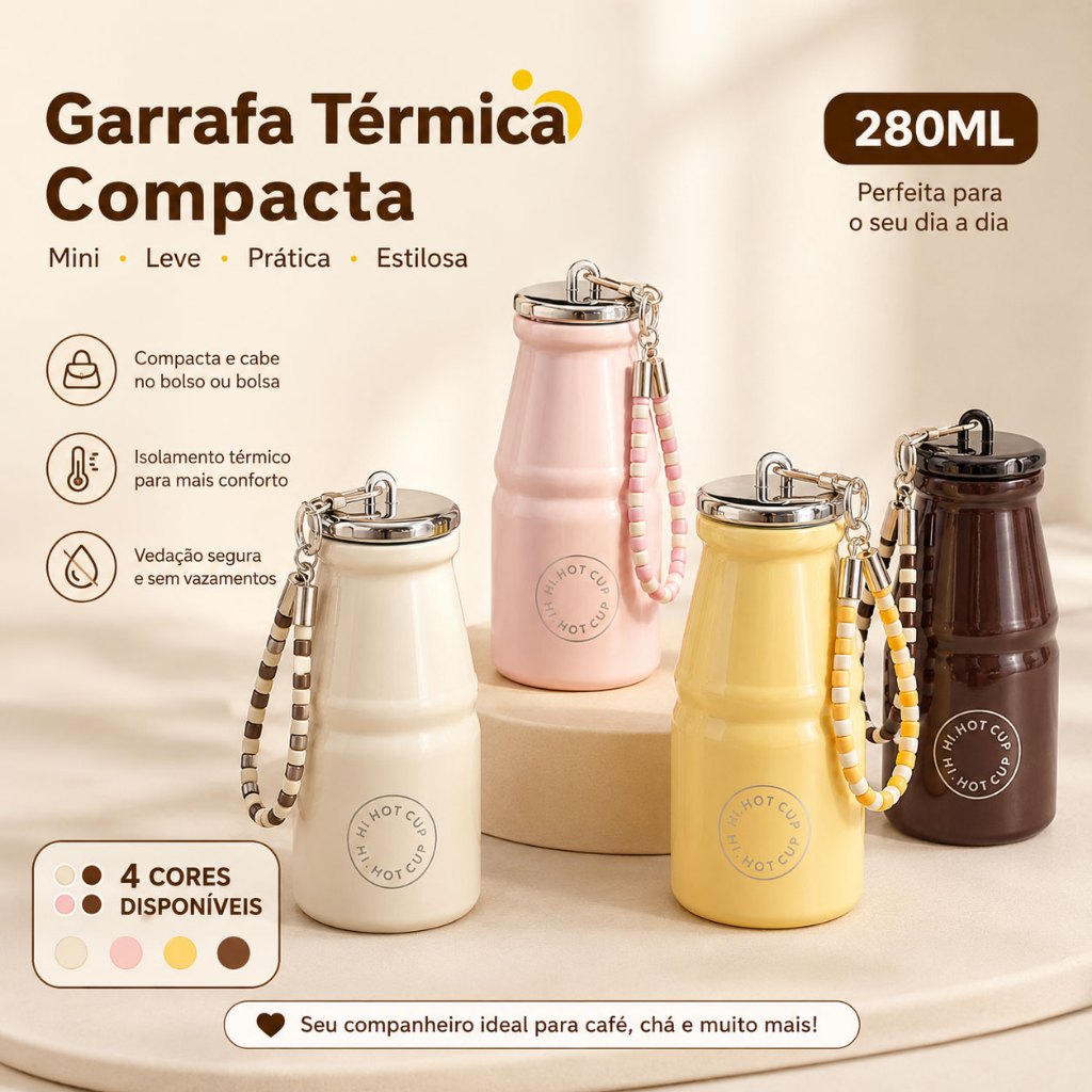 Garrafa Térmica Mini 280ML Leve Prática Estilosa de Aço Inoxidável 316 para uso externo, Serve bebida quente e fria