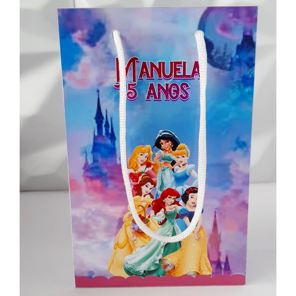 Kit Sacolinha M| Personalizada Tema Princesas Encantadas| 10 20 30 Unidades| Lembrancinha Festa Infantil com Alça