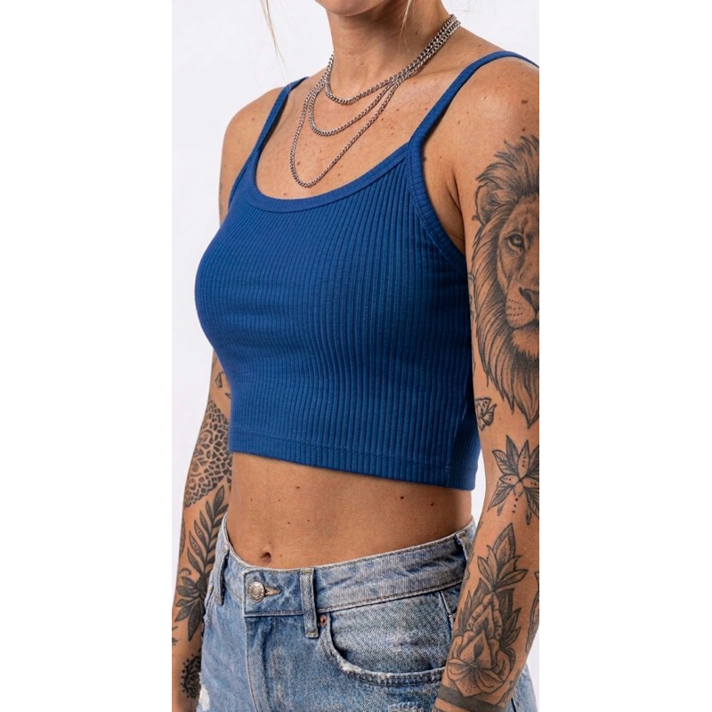 Cropped Básico Feminino Alça Fina Tecido Canelado Tendência