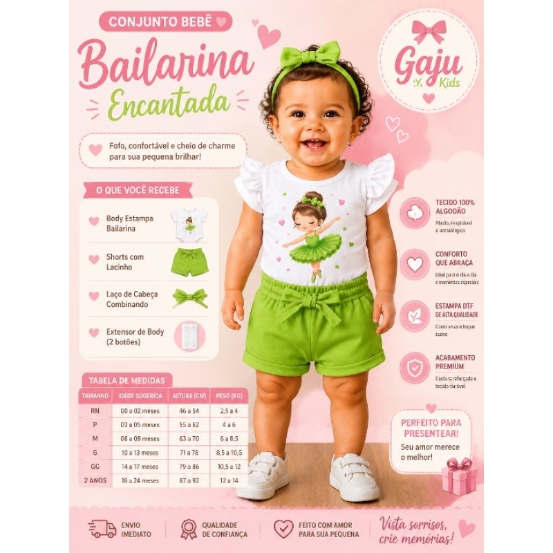 Conjunto Bebê Bailarina Encantada – Body + Shorts + Laço | RN ao 2 Anos