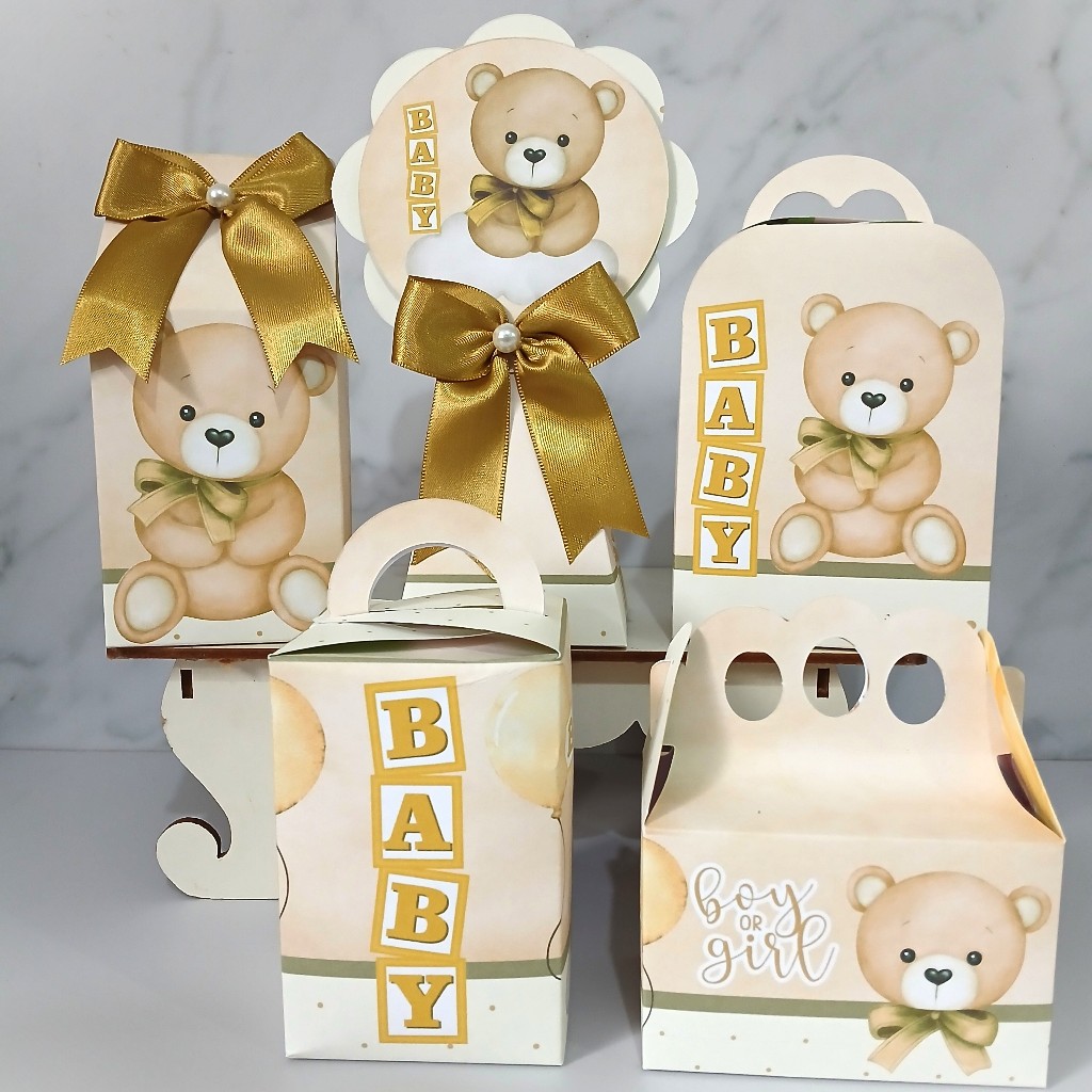Personalizados Ursinho Marrom e Dourado PEGUE E MONTE Chá de Bebê - Chá Revelação - Kit Festa