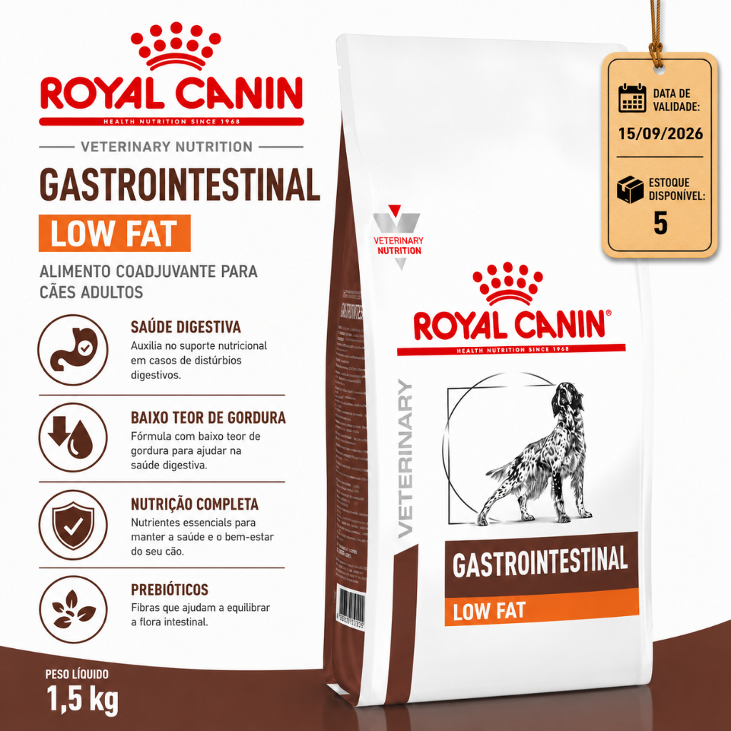 Ração Royal Canin Dieta Veterinária Gastrointestinal Low Fat para Cães Adultos 1,5kg