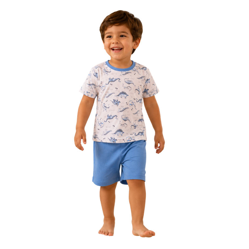 pijama infantil masculino dinossauro 100% algodão camiseta branca short azul tamanho 4 anos