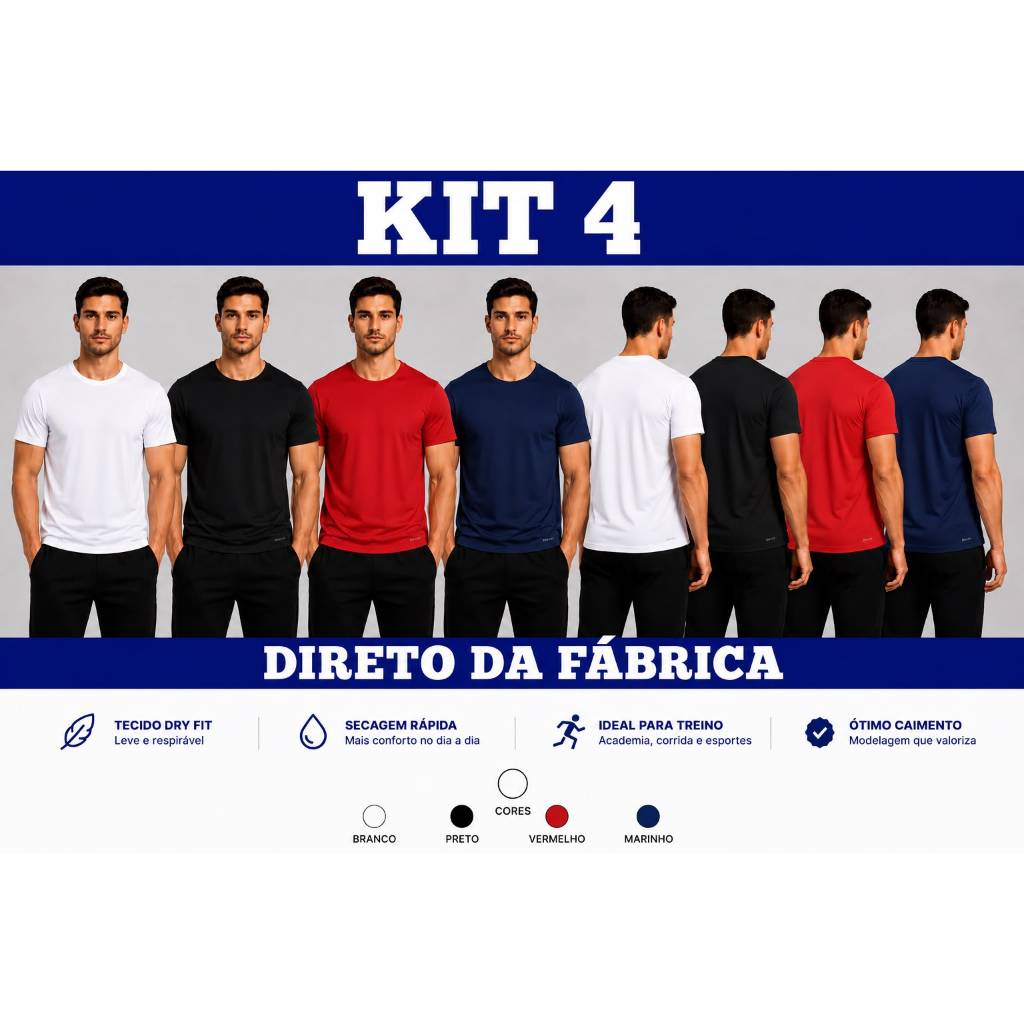 Kit 4 Camisetas Dry Fit Masculina - Casual - Treino - Academia - Esportes - Exercícios - Corrida