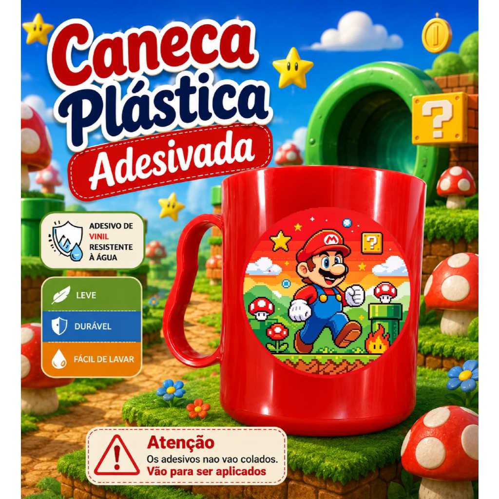 Caneca Plástica Adesivada 390ml Kit 6 a 30 Unidades Mario Bros Lembrancinha Festa Infantil Aniversário Personalizada