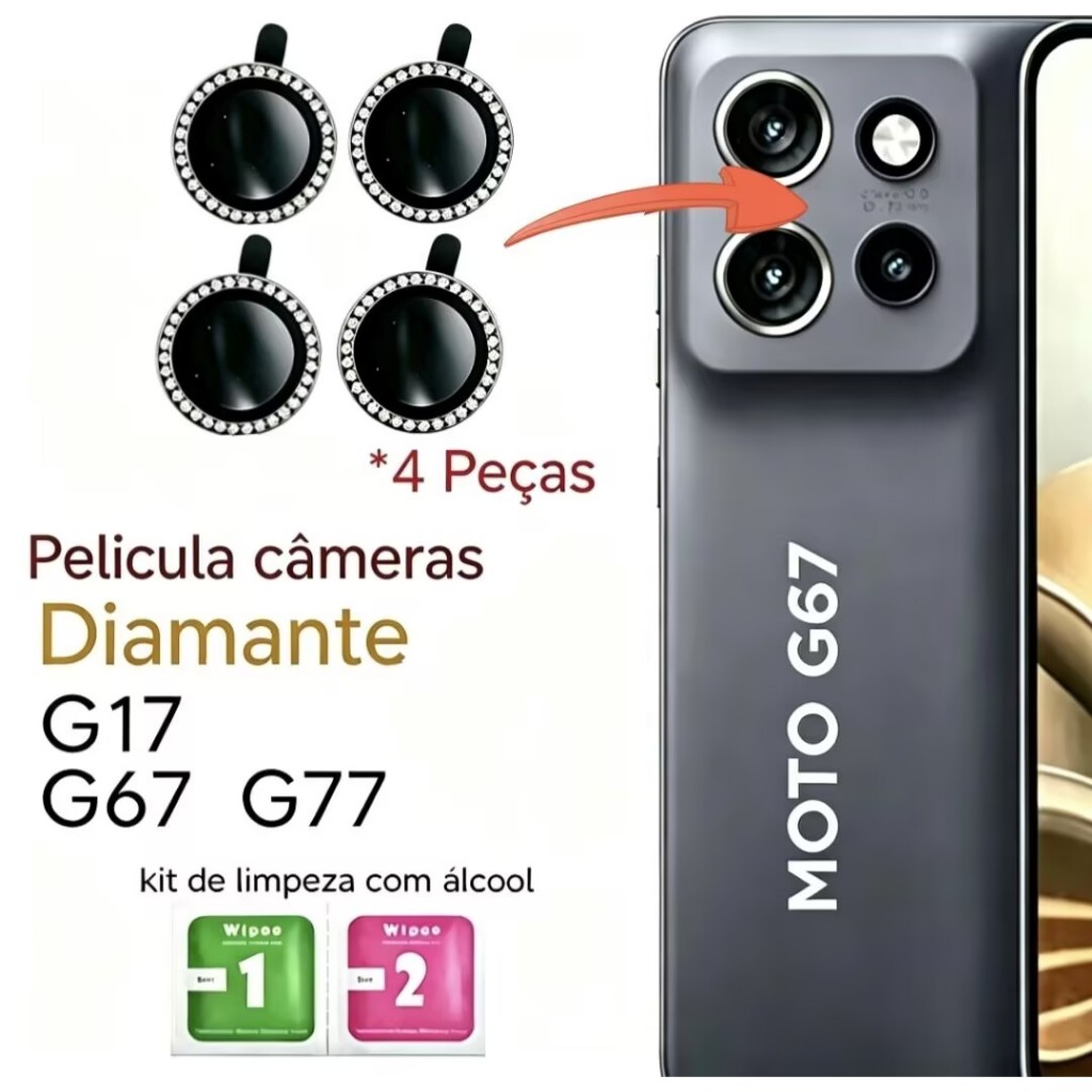 Kit 4 Peças Película Câmera Diamonte Motorola G17/G67/G77 Brilhente Anti Risco Protetor da Lente com Strass