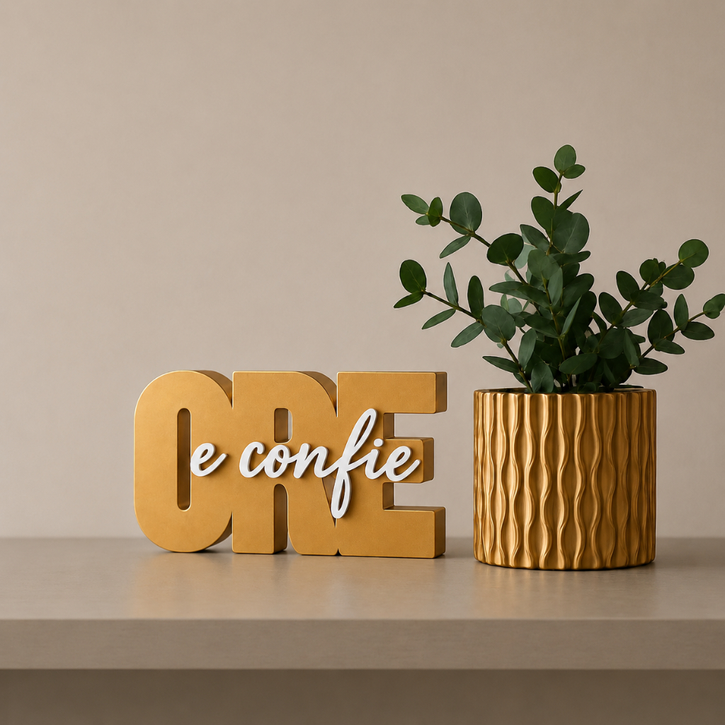 Kit Decorativo Cristão ORE e Confie + Vaso Moderno com Planta Decoração Religiosa para Sala